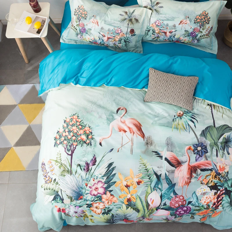 

Flamingo and flowers print Pastoral style bedding set Egyptian cotton fabric Queen King Size duvet cover flat sheet pillowcase