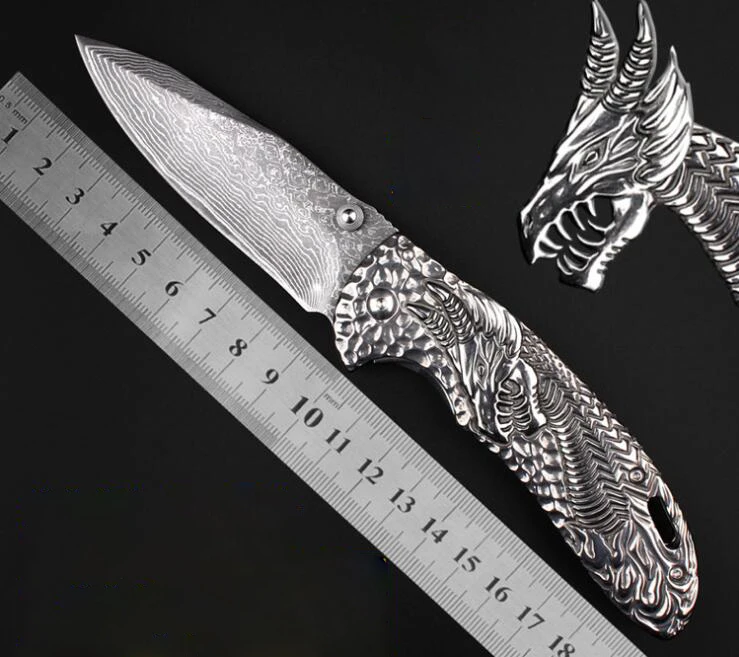 

LLxxmm Tactical Folding Knife Damascus Blade Dragon's Head Handle Hunting Survival Outdoor Camping EDC Tool knives