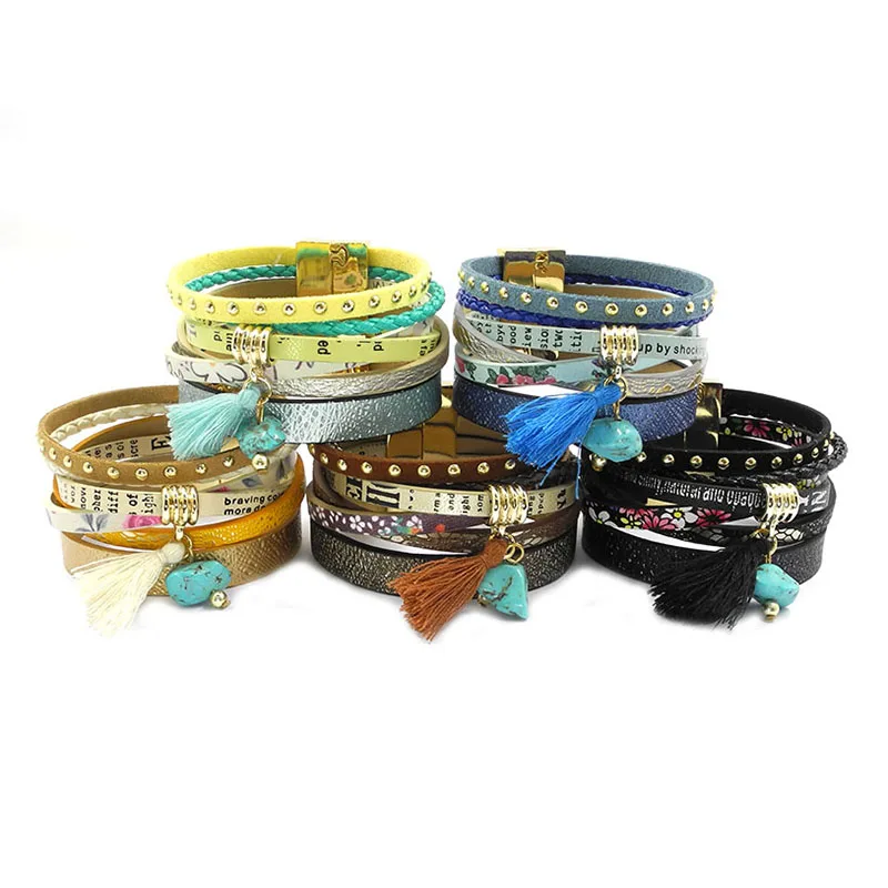 Wellmore летний кожаный браслет, 5 цветов, женские браслеты с подвесками, богемные браслеты и бижутерии, браслетов для женщин B16001