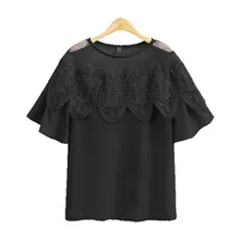 Short Sleeves Shirt 2017 Summer Tops Chiffon Blouse Lace Splicing Sleeve Hollow Round Neck Shirt Sexy Clothes Female Large Size
