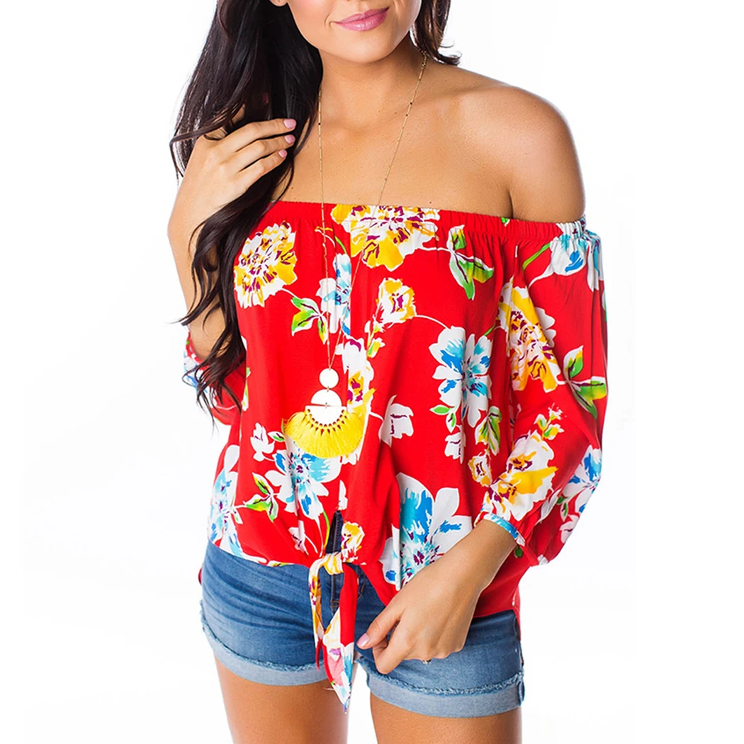 2019 Sexy Off Shoulder Floral Blouse Top Women Summer Half Sleeve Sash Neck Shirt Beach Boho Lace Up Loose Blouses Tunic Femme |