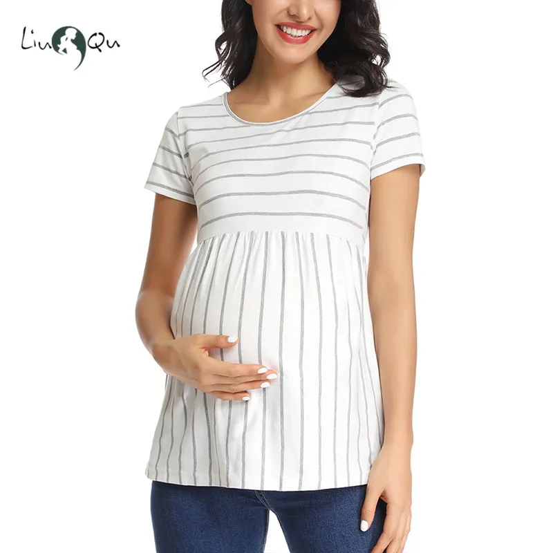 Топы для беременных блузки в полоску Vetement Femme Peplum с коротким рукавом Одежда