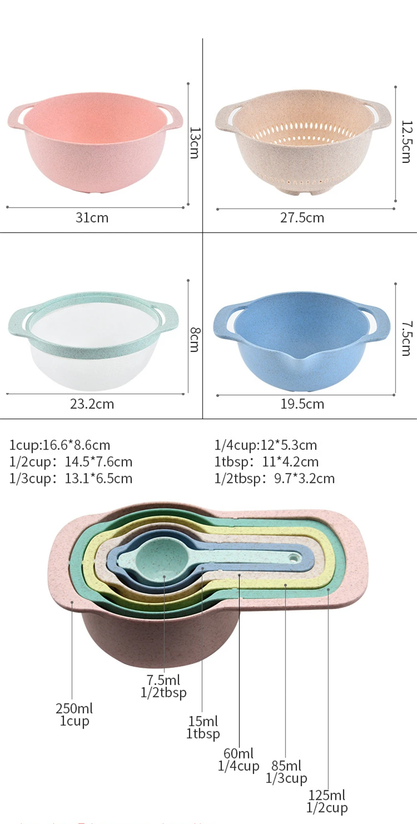 10 шт. набор для смешивания Радуга салатник сушилка для тарелки мерная ложка мерная чаша Мука сито набор инструментов для выпечки