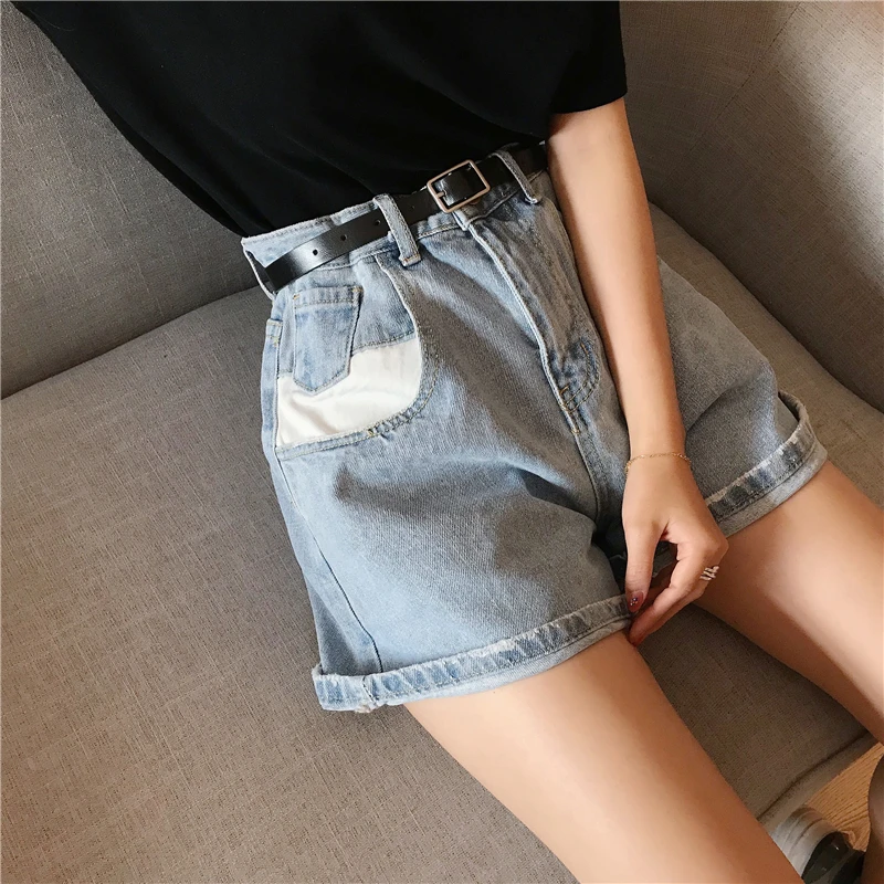 

Casual Women Denim Shorts Pockets Contrast Color Female Denim Jeans Shorts High Waist Wide Leg Hot Shorts 2019 Summer