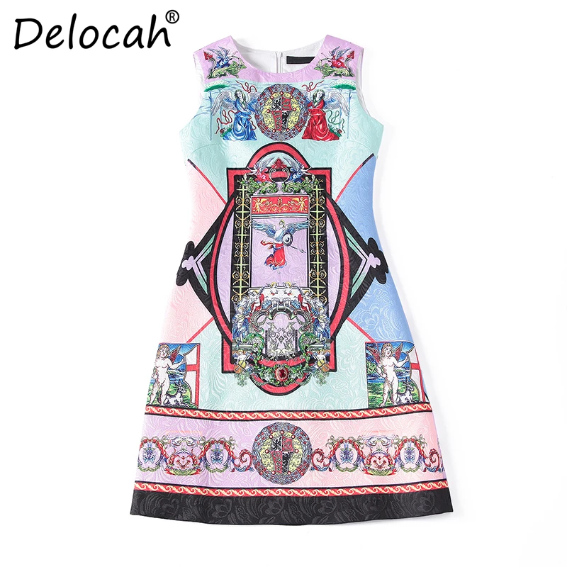 

Delocah Women Summer Dress Runway Fashion Design Sleeveles Vest Crystal Beading Angel Printed Mini Vintage Dress Vestidos