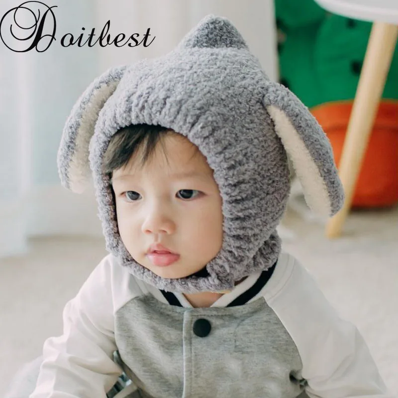 

Doitbest 6 month to 3 years old Baby boy Beanies Soft velvet Winter Two ears Child knitted hat kids girls Earflap Caps