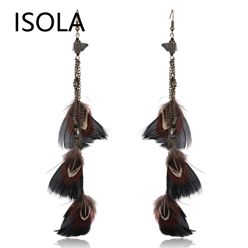 Длинные висячие серьги ISOLA Chian с черными перьями этнические эффектные богемные