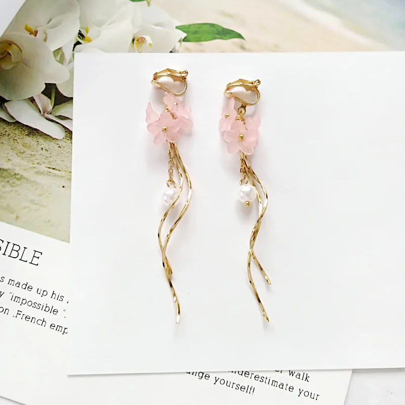Металлические кисточки кривая устройство вдевания нитки длинные заколки с жемчугом серьги без пирсинга смолы цветок клип на серьги для женщин - Окраска металла: pink clip earring