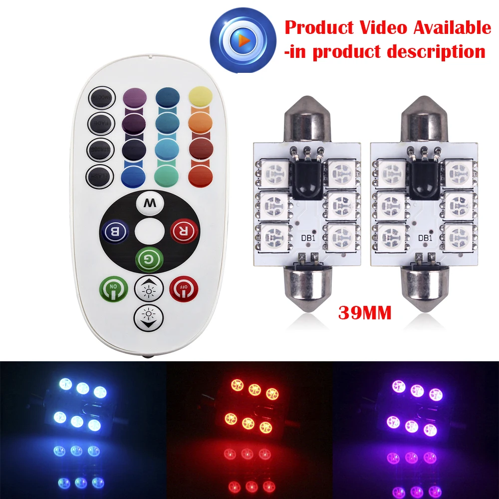 2PCS DC 12V 39MM RGB Dome Car Interior Light+Remote Control 5050 6LED
