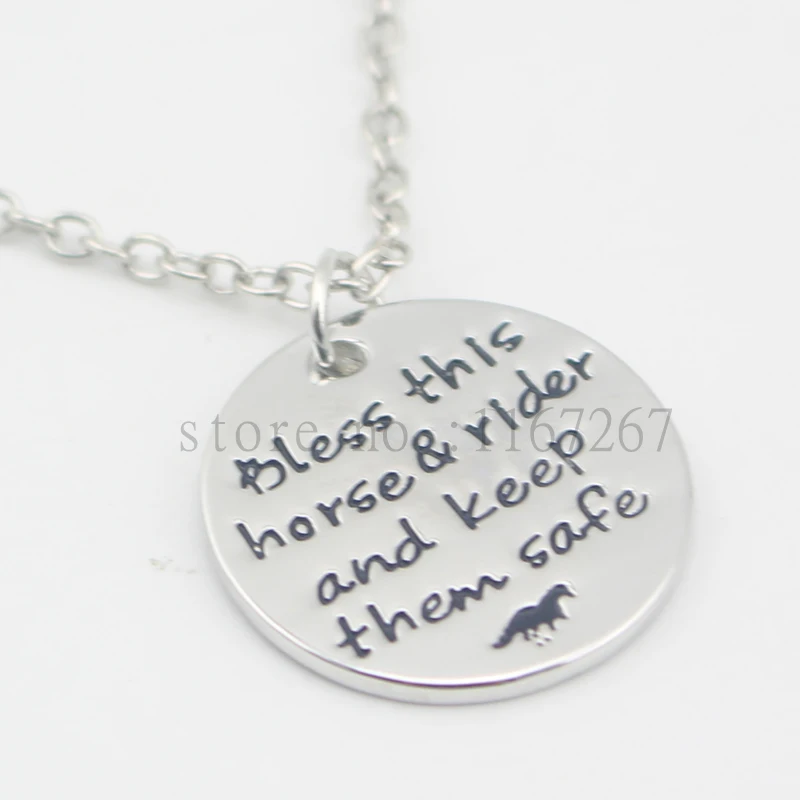 

2016 hand stamped Jewelry"Bless this horse and rider and keep them safe" Horse Pendant Horse Quote Necklace Horse Lover Jewelry