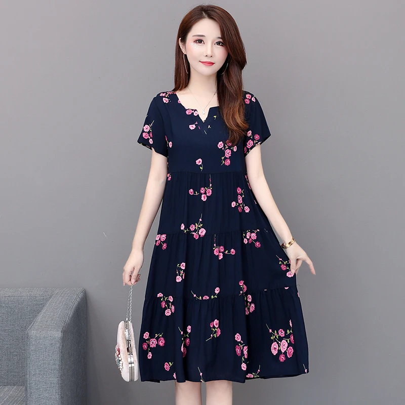 

Summer 2019 New Woman Small Floral Dress Woman Printed Loose Cotton and Fat Plus Size Dress S-6XL