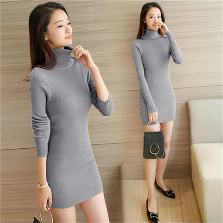 2017 Autumn&Winter Women Knitted Dress Slim Sexy Solid Turtleneck Long Sleeve Sweater Dress Plus Size Gray White And Black Dress