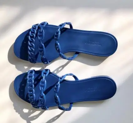 Сандалии с цепочками от известного дизайнера; женская летняя обувь на плоской подошве; женская свинка; цепь на нос; ремешок; Вьетнамки; пляжные сандалии с тремя ремешками; c372 - Цвет: blue