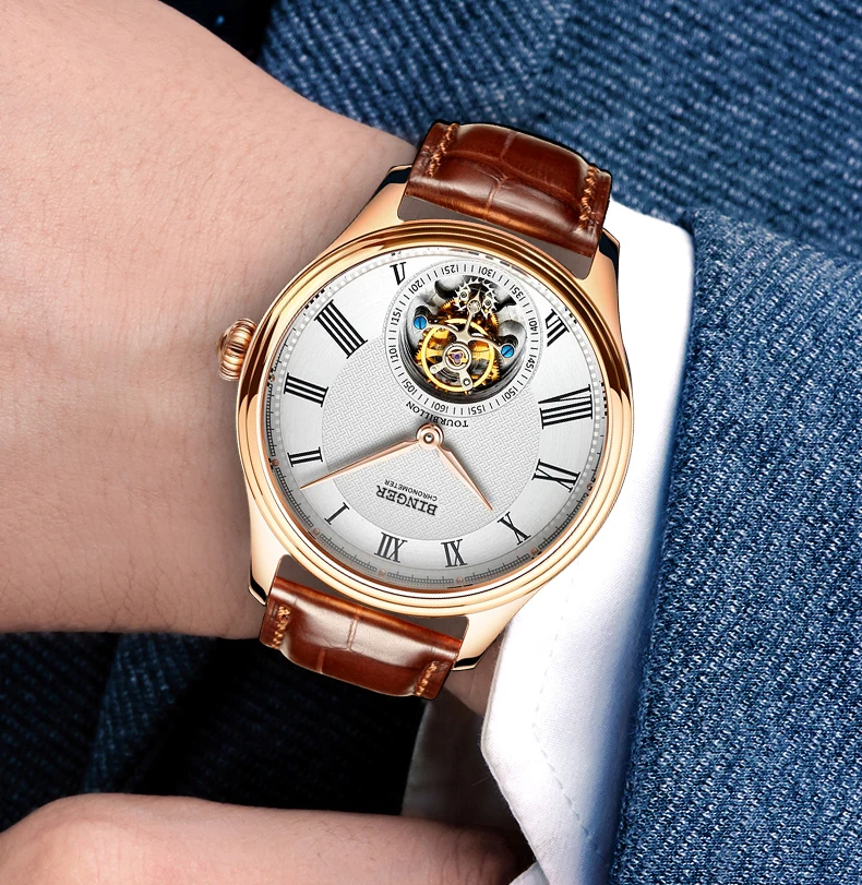 Высококачественные деловые часы BINGER Seagull Tourbillon, механические часы с крокодиловым кожаным ремешком, сапфировые Мужские автоматические часы