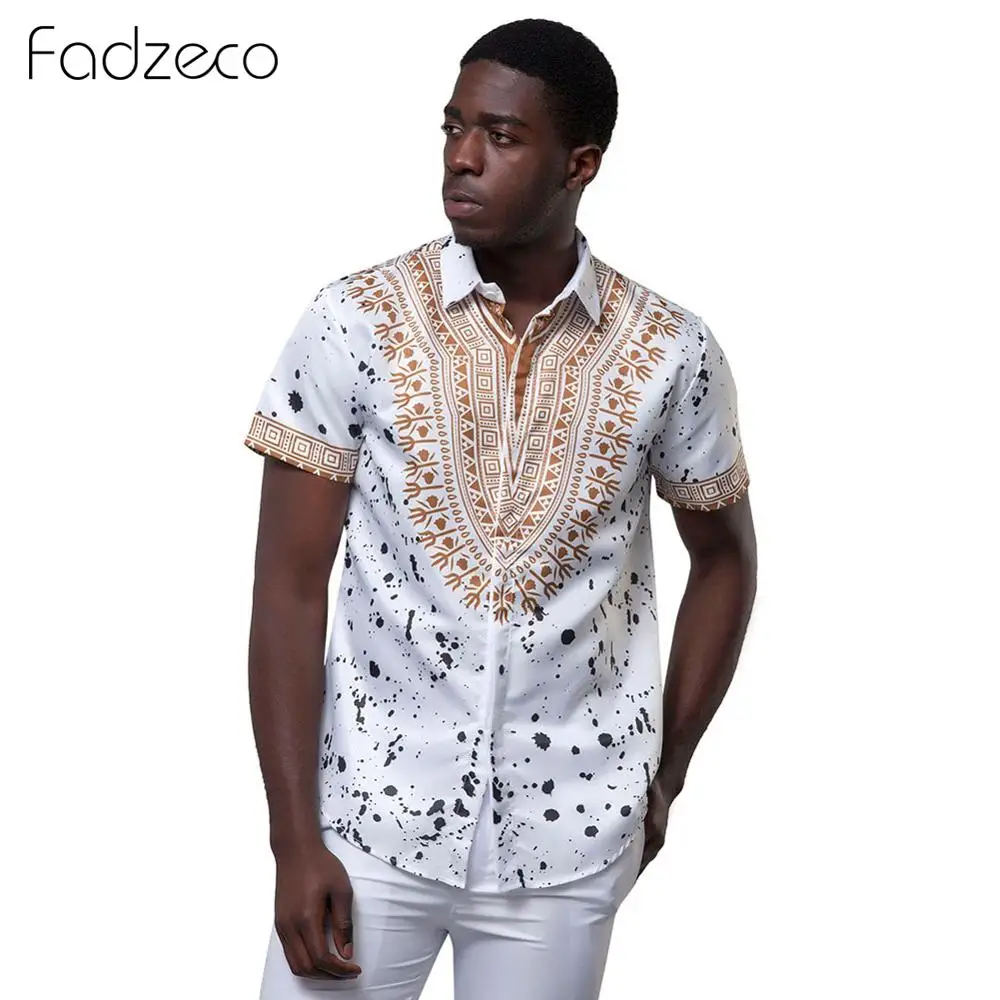 

Fadzeco African Print Formal T Shirts Men Summer Dashiki Tribal Ink Splashing Long Sleeve Blouse Tops Ethnic African Clothes