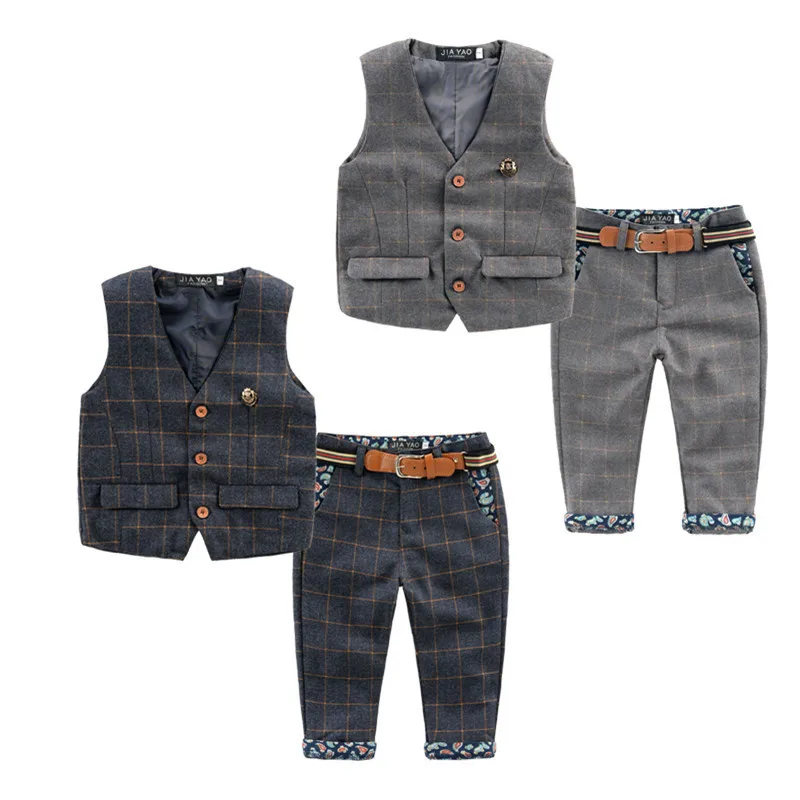 

3-7year-old Young Children's Wear Riding Suit Plaid Vest and Pants with Belt Children's Spring Set Boys British Style Two-piece