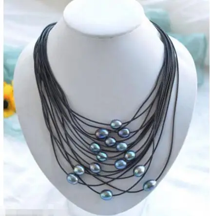 

Hot sale new Style >>>>>Natural 11-13mm Black Rice Freshwater FW Pearl Black leather necklace