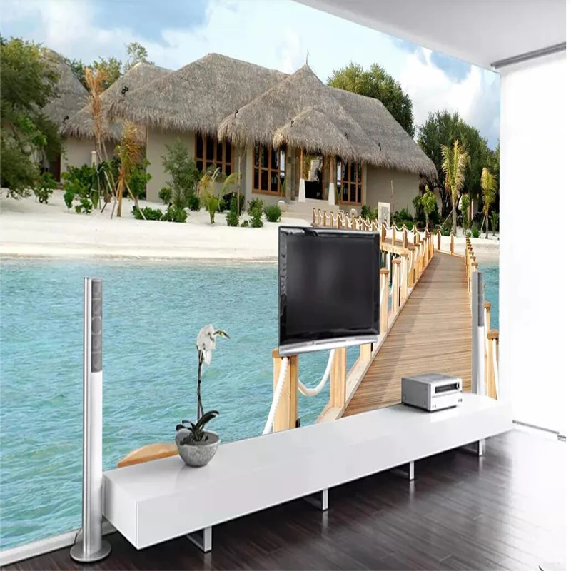 Декоративные обои мальдивское море деревянный мост кокосовый дом 3D фоновая
