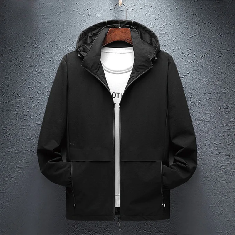 MFERLIER/мужские куртки с капюшоном и длинным рукавом, простое пальто на молнии, осень, большие размеры, 7XL, 8XL, 9XL, ветровка, свободные куртки - Цвет: Черный