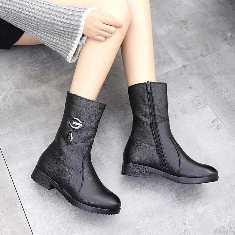 DRKANOL Women Winter Boots Genuine Leather Zipper Square Heel Thick Plush Warm Snow Boots Women Low Heel Mid Calf Boots