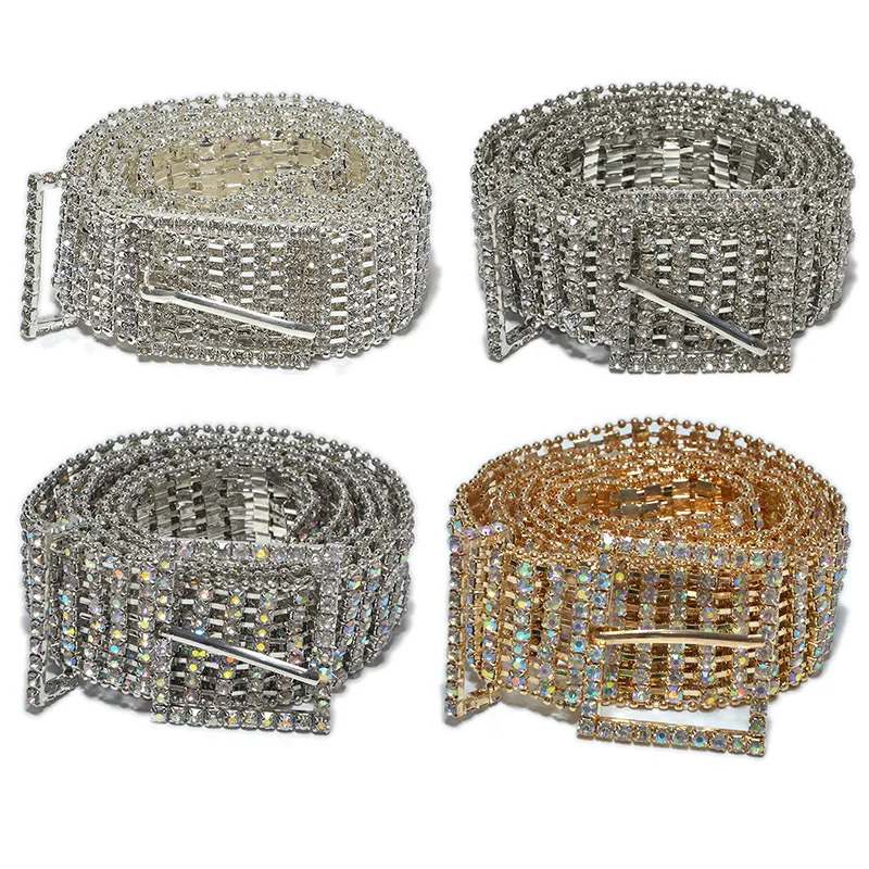 

2019 Fashion Luxury Multilayer Shining Rhinestone Belts for Women Gold Silver Pin Buckle Wide Waist Belt Ladies Dress Waistband