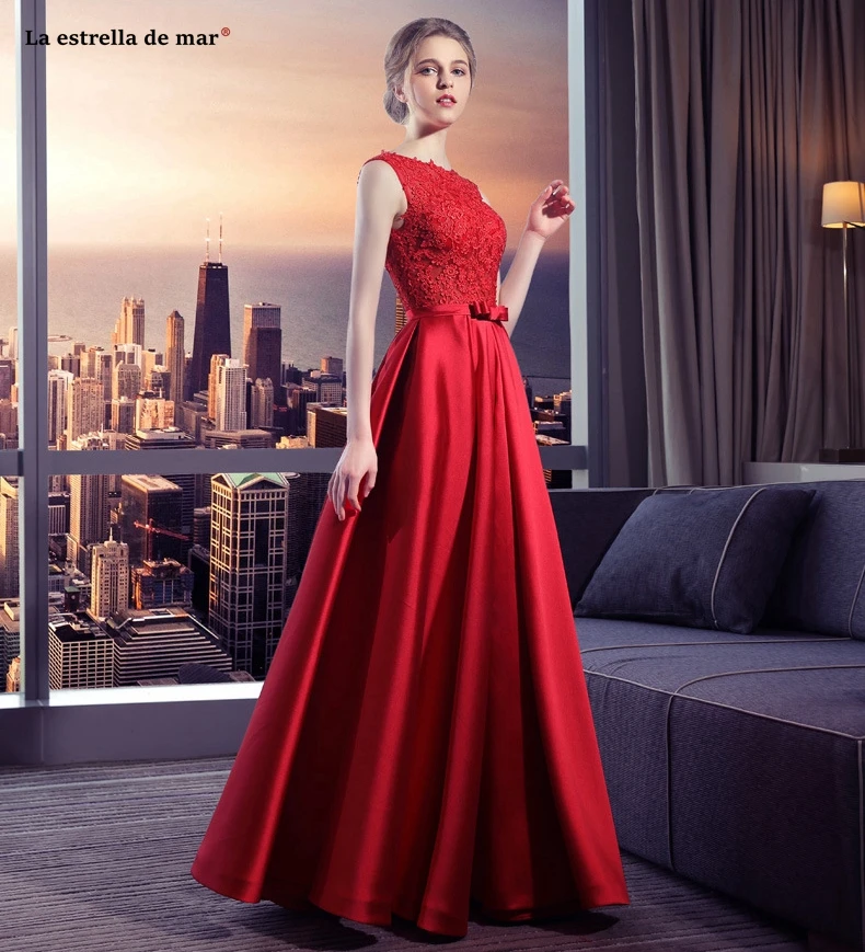 Vestido madrinha новые из кружева, с вырезом на шее атласные А-образные красные платья для подружек невесты длинный халат demoiselle d'honneur