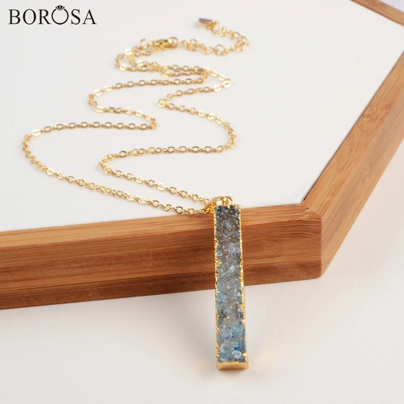 

BOROSA Rectangle Natural Agates Druzy Geode Pendant Rainbow Crystal Gold Chain Necklace Creative Gifts CL163