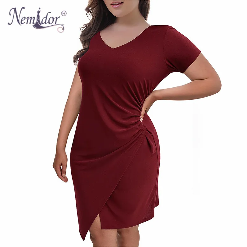 

Nemidor Women Elegant V-neck Short Sleeve Ruched Bodycon Wrap Dress Plus Size 8XL 9XL Party Slit Knee Length Vintage Dress