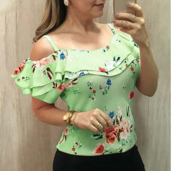 S-5XL Women's Off Shoulder Blouse 2019 Summer Flowers Print Oversized Tops Ladies Casual Ruffle Sleeve Loose Shirt Plus Size - 33022343425