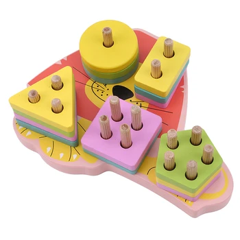 

Color cartoon animal five sets of columns Lion shape building blocks set of wooden children's puzzle building blocks toys