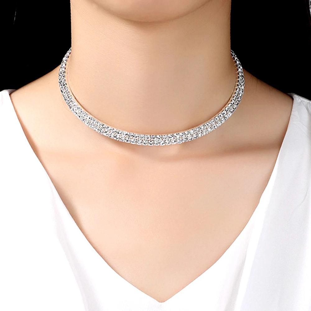 

Clearance Sale Women Rhinestone Choker Necklace Silver Color Bridal Crystal Wide Strand Collar Choker Chain Necklaces Jewelry