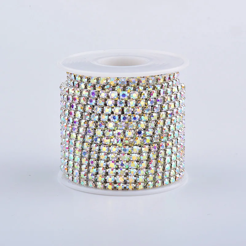 JUNAO SS6 SS10 SS16 SS18 Швейные серебряные стеклянные стразы, отделка цепи AB хрустальные камни аппликация плотная окантовка стразами для одежды - Цвет: Silver AB Stones
