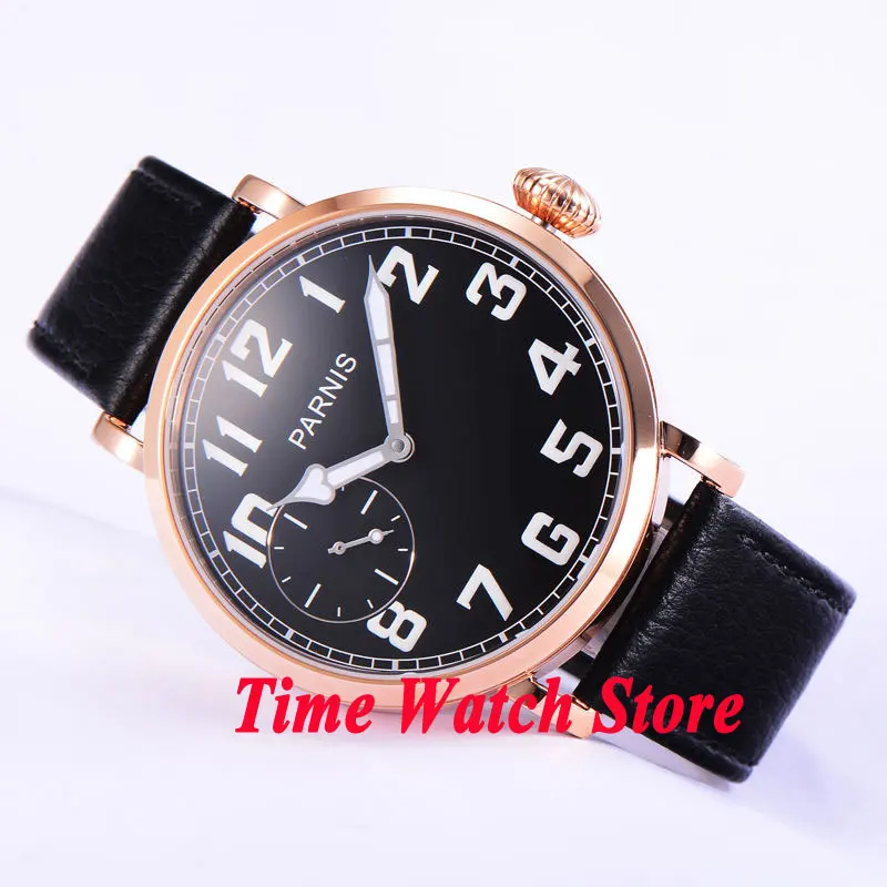 

46mm parnis black dial Arabic numbers gold case leather strap deployant clasp 6497 hand winding movement mens watch 546
