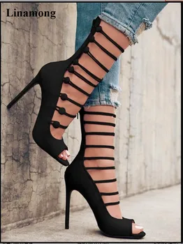 

Newst arrival strange style leather thin high heel boots Striped buckle decoration unique chic good match and easy to walk