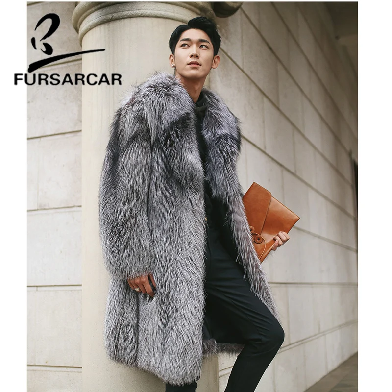 Меховое пальто для мужчин с натуральным мехом серебристой лисы, длинная куртка с меховым воротником, новинка, модное Стильное толстое пальто