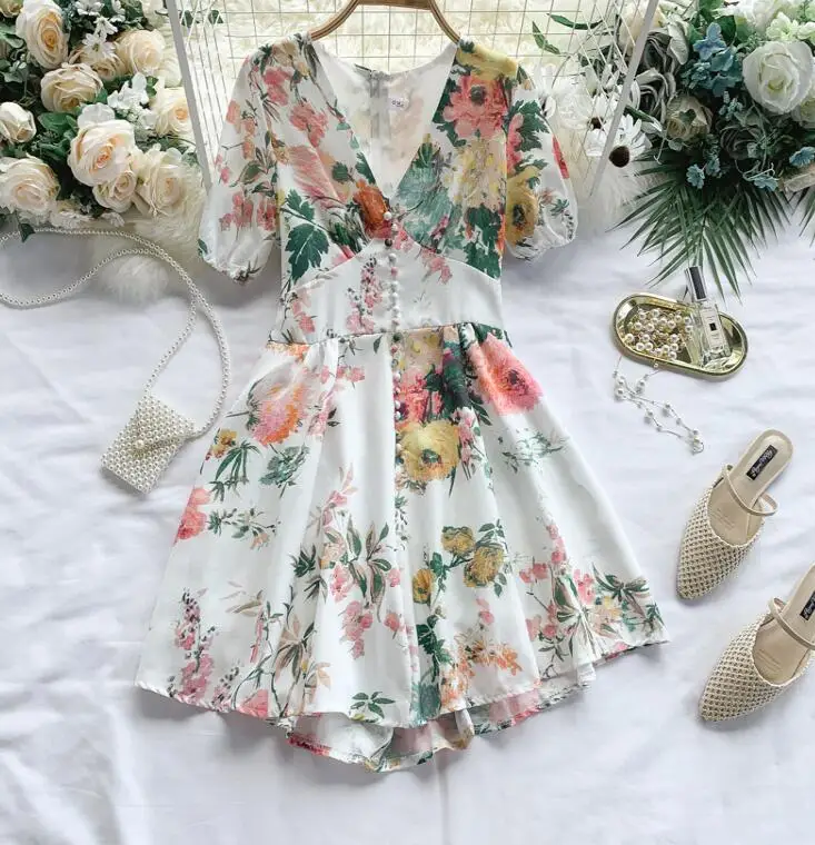 

Women's summer v neck A-line mini dress female high waist sexy chic beach dress TB1335