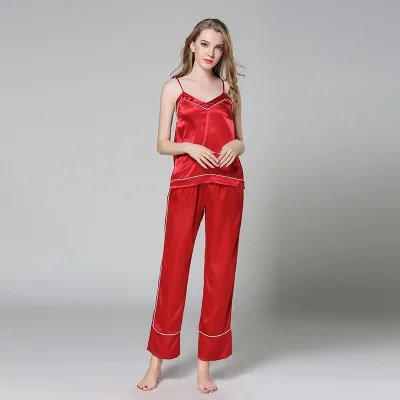 

Luxury Women Sleeping Wear Summer Autumn Sexy V-Neck Pajama Sets Solid Satin Spaghetti Strap Cami Top and Long Pants Pajama Set
