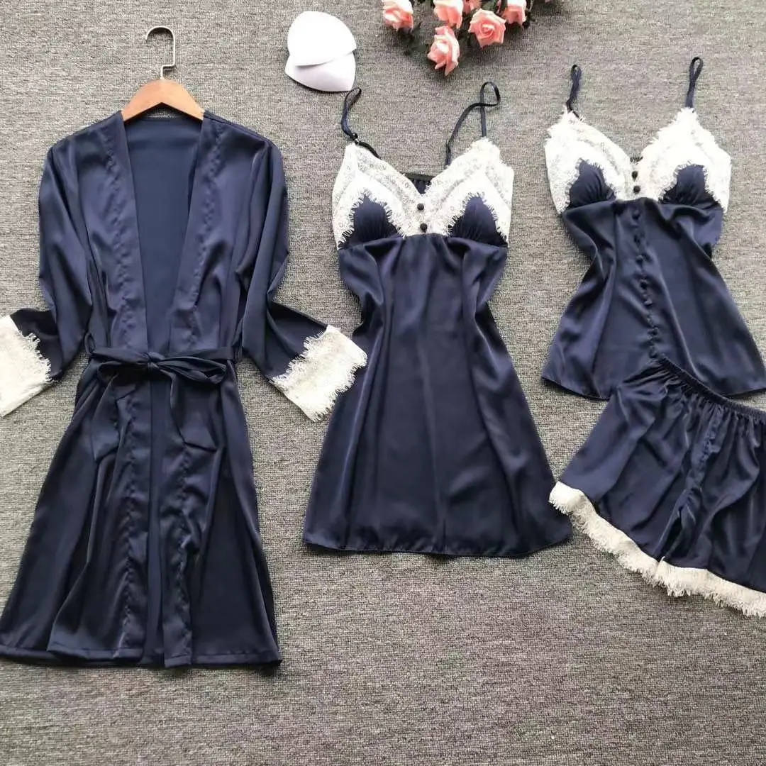Женский пижамный комплект, атласная пижама, сексуальная пижама с кружевами, сексуальное женское белье, элегантное ночное белье, шелковое, 4 штуки, с цветочным принтом, одежда для сна - Цвет: 4zangqing