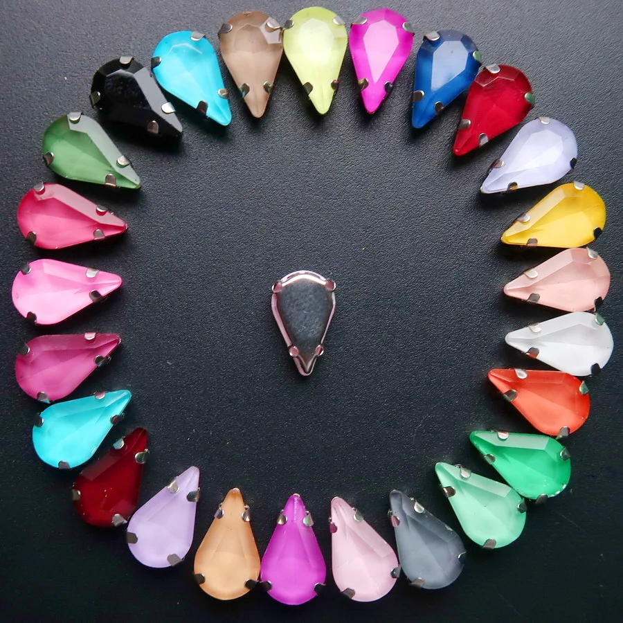 

Silver claw settings 50pcs/p jelly candy & AB glass Crystal 8*13mm slim waterdrop shape Sew on rhinestone wedding dress diy trim