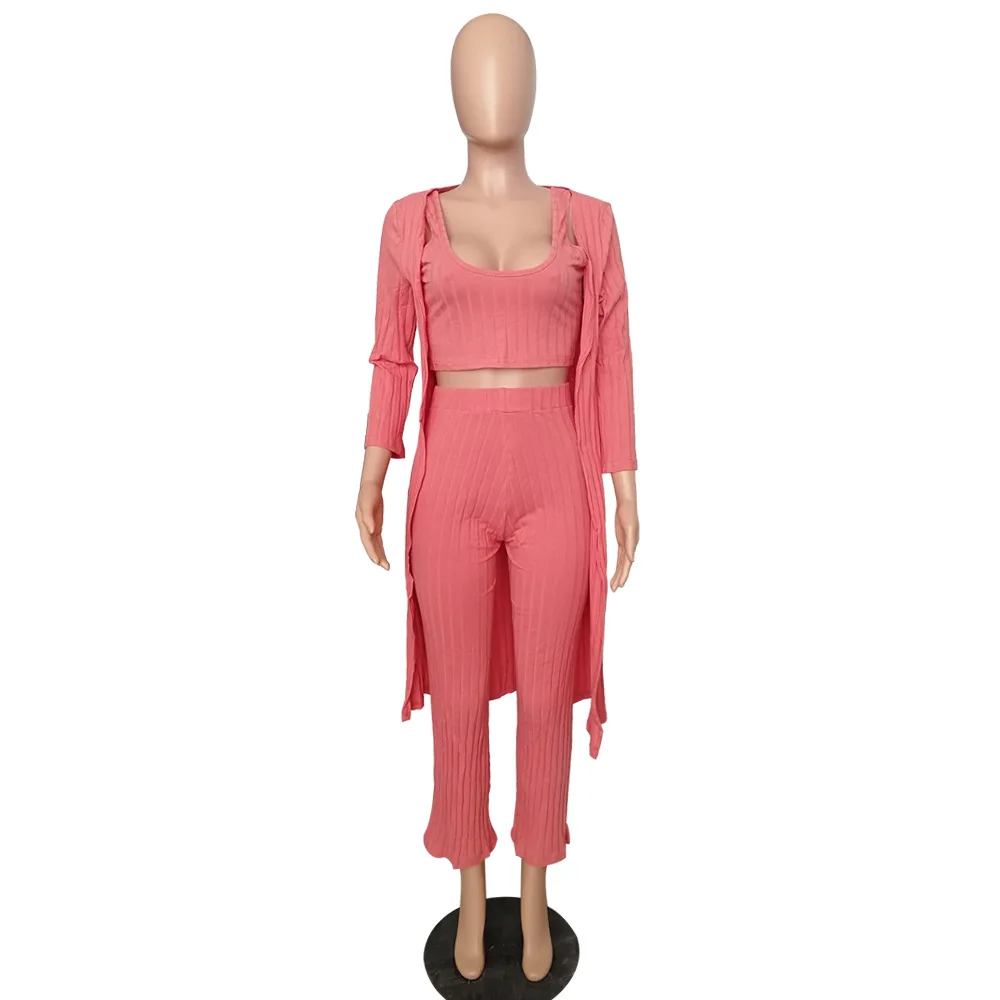 Дамский повседневный комплект из 3 предметов, женские осенние зимние наряды, вязаное сексуальное длинное пальто+ укороченные топы+ широкие штаны, костюм, комплекты размера плюс S-2XL - Цвет: Розовый