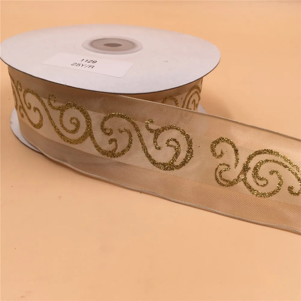 N1129 38mm X 25yards Gold Foil Print Ribbon Wired Organza Edge Satin