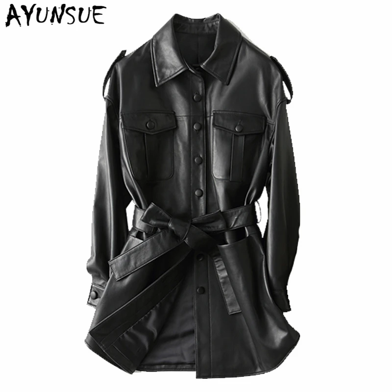 

AYUNSUE Fashion Real Leather Female Jacket 2019 Spring Autumn Korean Vintage Streetwear Genuine Leather Trench Coat Women 29108