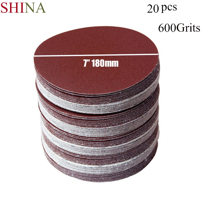 SHINA 20 шт 7 дюймов 180 мм круглый наждачный диск песочные листы зернистость 600 крюк и петля шлифовальный диск для шлифовальной крупы
