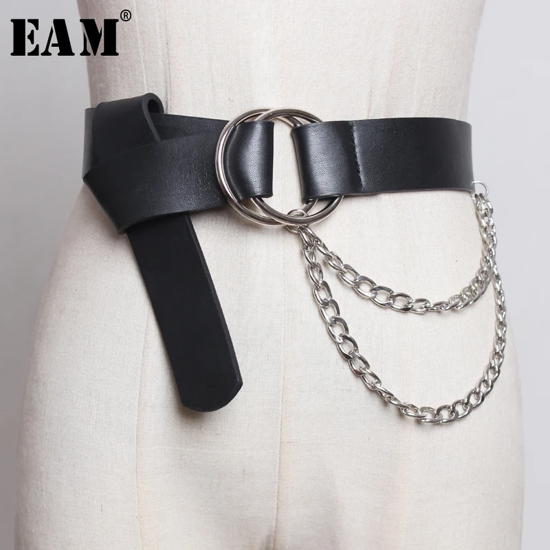 

[EAM] 2019 New Spring Summer Pu Leather Chain Split Joint Metal Buckle Personality Long Belt Women Fashion Tide All-match JU021