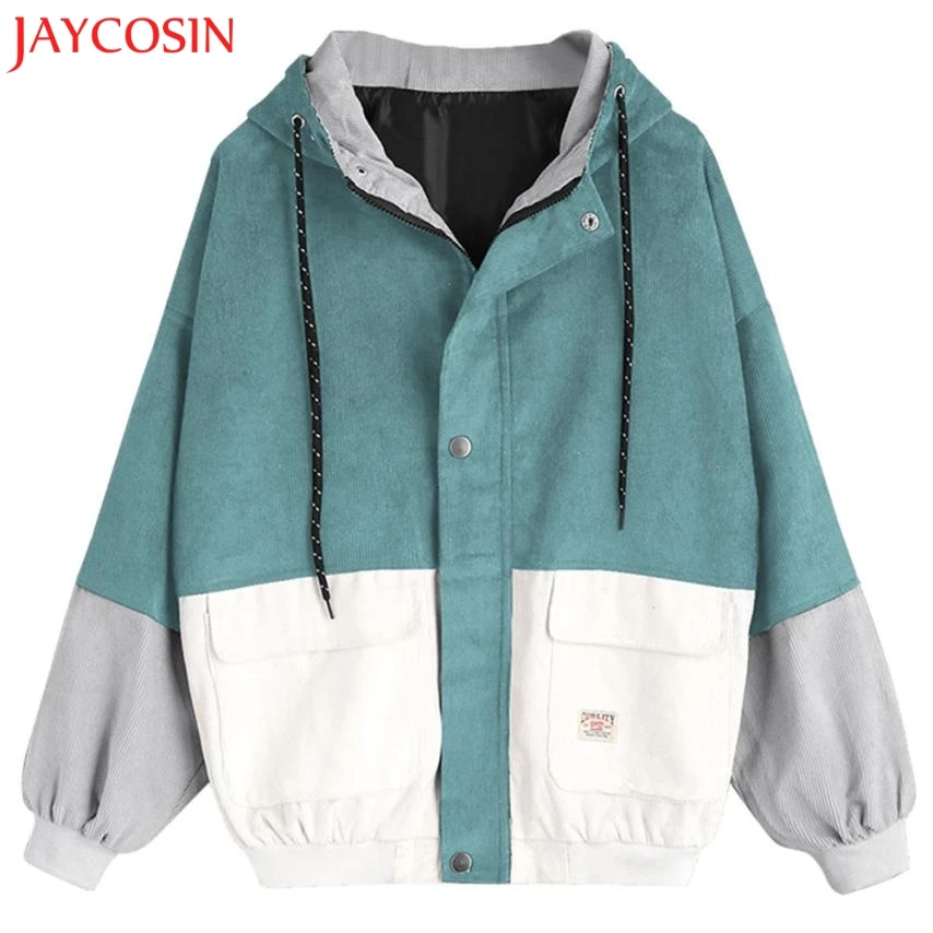 

KLV Women Long Sleeve Corduroy Patchwork Oversize Jacket Windbreaker Coat Overcoat z1114