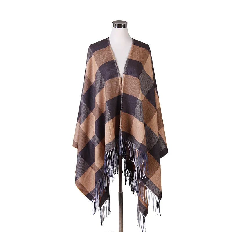 Women Autumn Winter Plaid Blanket Scarf Fall Winter Tassels Faux Cashmere Shawl Poncho Wraps Warm font