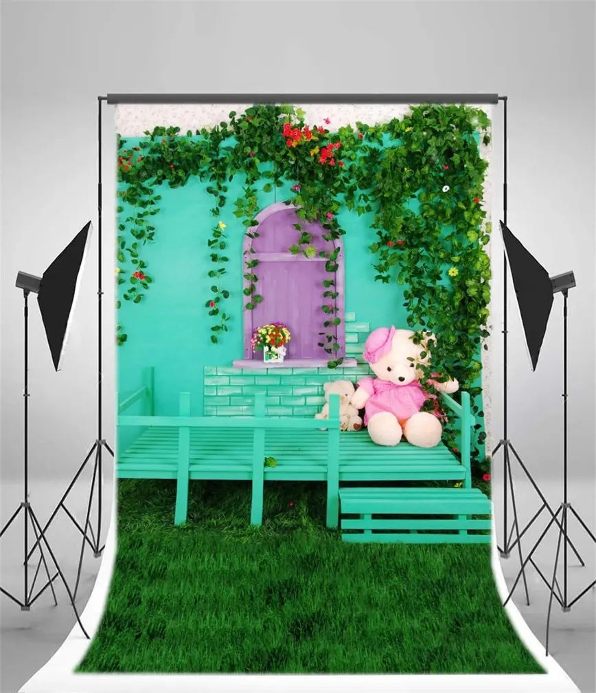 

Photography Backdrop Cartoon Green Vine Wooden House Grass Field