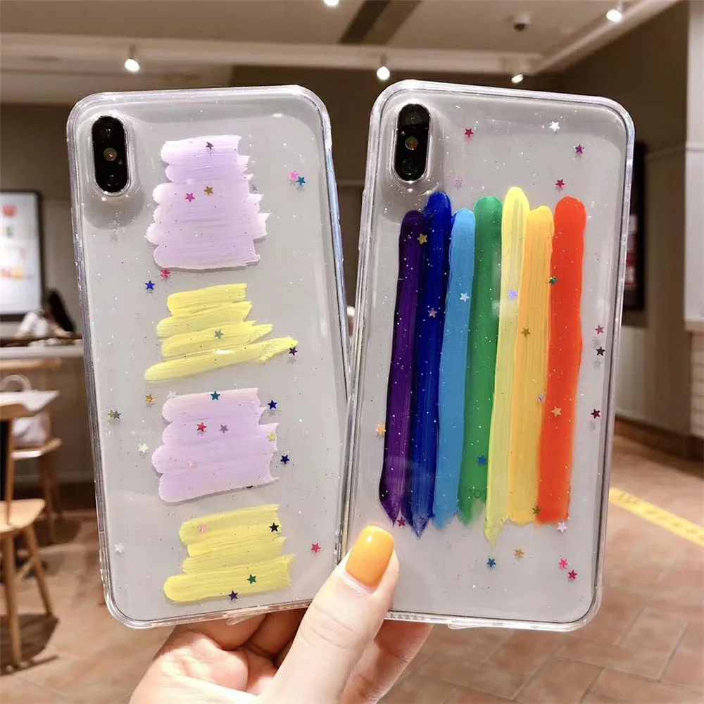 

Watercolor Paint Hand Painted Rainbow Soft TPU Phone Case For iPhone 7 8 6 6S Plus X XR XS Max Transparent beautiful Back Cover