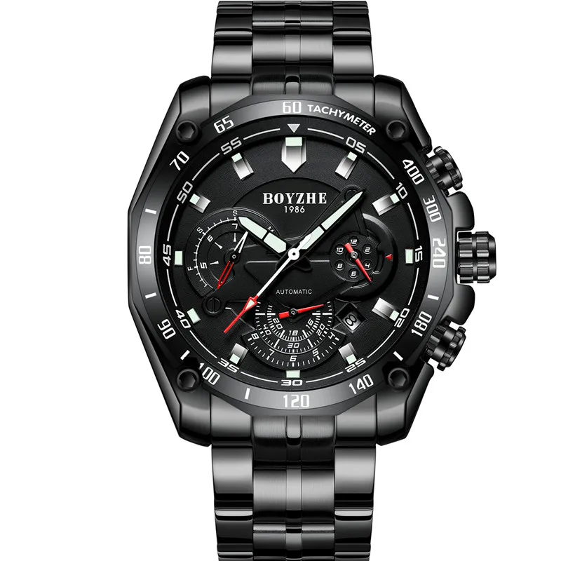 BOYZHE الرجال التلقائي الميكانيكية ووتش مضيئة الفاخرة العلامة التجارية ووتش الرجال العسكرية الرياضية ساعات الفولاذ Relogio Masculino