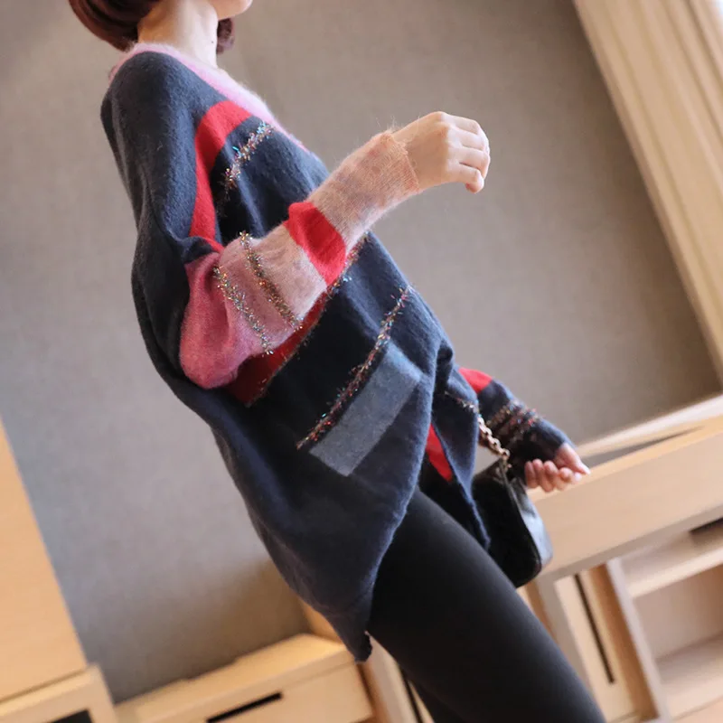V Neck Loose Sweaters 2018 New Korean Plus Size Patchwork Knitting Pullovers Full Sleeve Casual Shining Knitwear V Neck Loose Sweaters 2018 New Korean Plus Size Patchwork Knitting Pullovers Full Sleeve Casual Shining Knitwear
